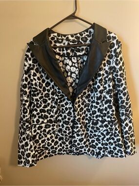 Lane Bryant Black and White Leopard-Print Blazer with Leather Lapel